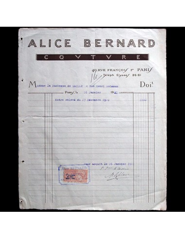 Facture de la maison Alice Bernard, 40 rue François Ier à Paris (1921) Venez découvrir notre 