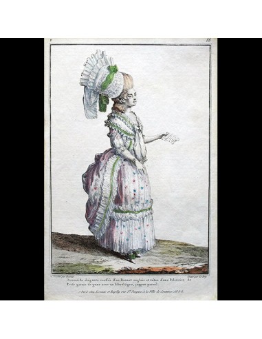 Gallerie des Modes et Costumes Français, gravure n° P 88, Demoiselle élégante par Desrais (1778) outlet