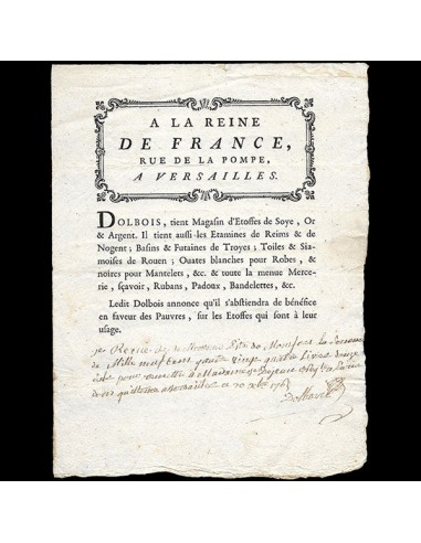 A la Reine de France - Facture du magasin d'étoffes de soie rue de la Pompe à Versailles (1765) la chaussure