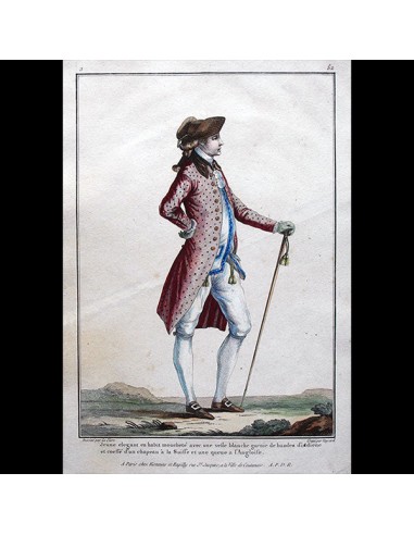 Gallerie des Modes et Costumes Français, 1778-1787, gravure n° J 52, Jeune élégant par Leclerc (1778) Livraison rapide