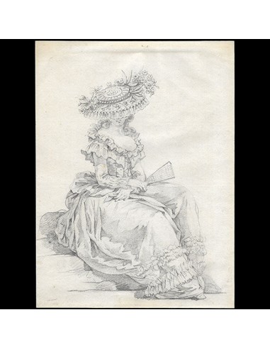 Gallerie des Modes - Dessin de Watteau pour la planche eee 309 du 49ème cahier, La belle rêveuse assise (1786) shop