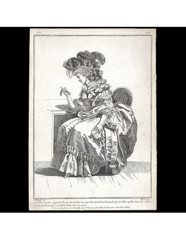 Gallerie des Modes et Costumes Français, 1778-1787, gravure n° zz 274, Belle inquiète par Watteau (1784) plus qu'un jeu 