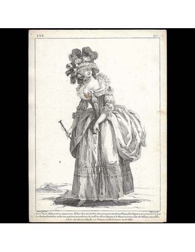 Gallerie des Modes et Costumes Français, 1778-1787, gravure n° bbb 292, Jeune Dame désoeuvrée par Watteau (1785) en stock