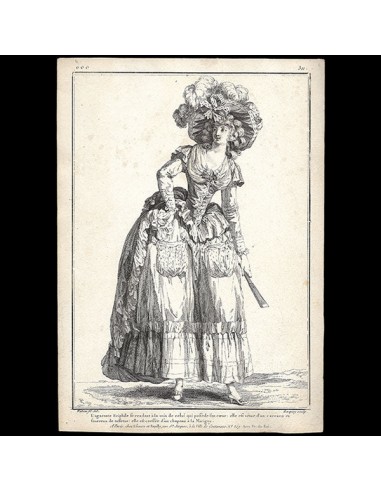 Gallerie des Modes et Costumes Français, 1778-1787, gravure n° eee 311, L'agacante Eriphile par Watteau (1785) destockage