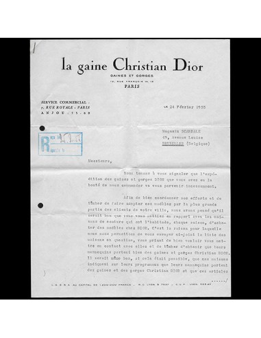 Christian Dior - Lettre relative à la stratégie commerciale des gaines et gorges (1955) Comparez et commandez 