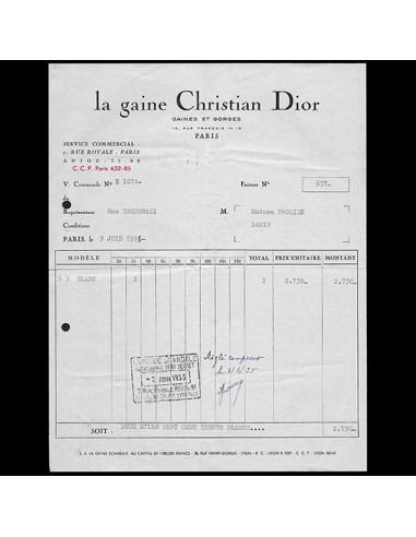 Christian Dior - Facture de La gaine Christian Dior (1955) 50% de réduction en Octobre 2024