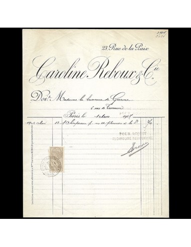 Facture de la maison Caroline Reboux, 23 rue de la Paix à Paris (1907) rembourrage situé sous