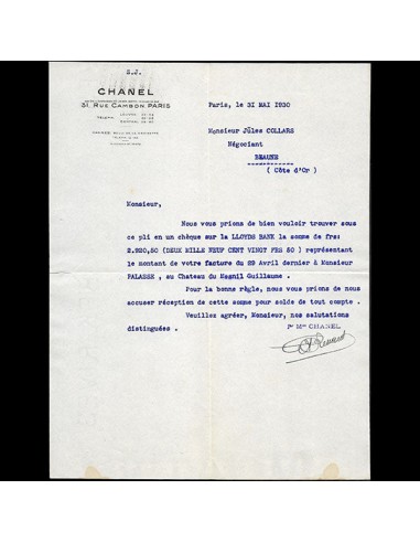 Lettre de la maison Chanel, 31 rue Cambon à Paris (1930) pas cher 