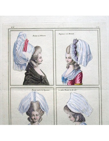 Gallerie des Modes et Costumes Français, 1778-1787, gravure n° ee 172, Bonnet au hérisson (1780) en linge