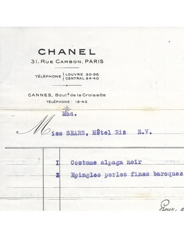 Facture de la maison de couture Chanel, 31 rue Cambon (1923) en stock