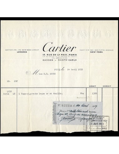 Cartier - Facture de la maison de joaillerie, bijouterie, orfèvrerie, 13 rue de la Paix à Paris (1939) sur le site 