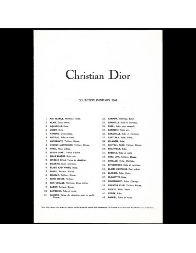 Christian Dior - Programme de la collection Printemps 1964 Les magasins à Paris et en Île-de-France