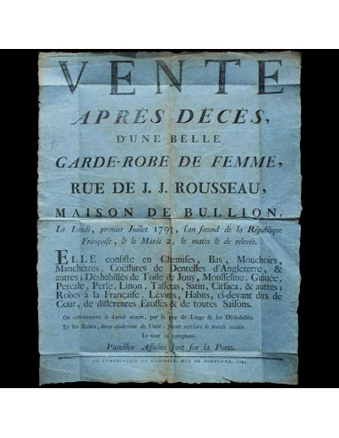 Vente d'une belle garde robe de femme - affiche de vente aux enchères (1793) des créatures d'habitude