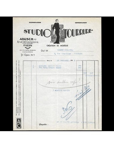 Abusch Frères - Facture de la maison de fourrure, 8 rue de Castiglione à Paris (1935) l'évolution des habitudes 