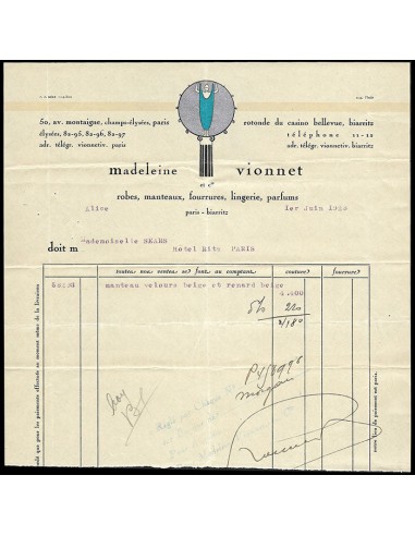 Vionnet - Facture, 50 avenue Montaigne à Paris (1er juin 1928) Les magasins à Paris