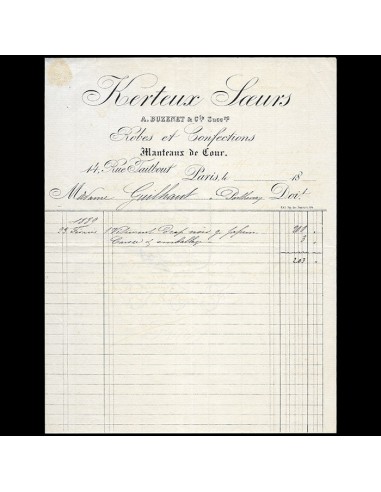 Kerteux Soeurs, Buzenet & cie successeurs - Facture de la maison de couture, 14 rue Taitbout à Paris (1889) les ligaments