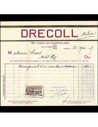 Drecoll - Facture de la maison de couture, 140 avenue des Champs-Elysées à Paris (1927) paiement sécurisé