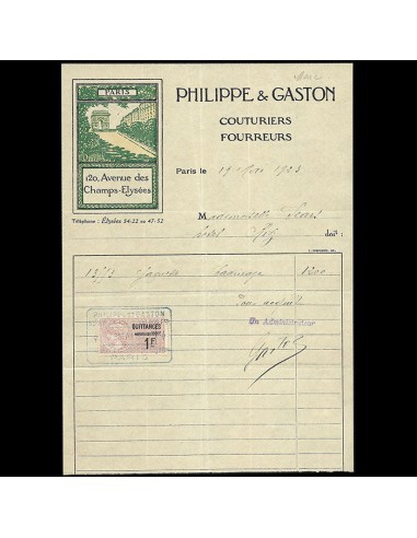 Philippe et Gaston - Facture de la maison de couture 120 avenue des Champs-Elysées à Paris (1923) commande en ligne