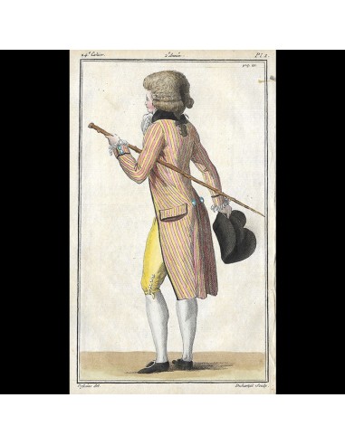 Magasin des Modes Nouvelles Françaises et Anglaises, 24ème cahier, planche 1 - Jeune homme en gilet rayé (1787) Venez acheter