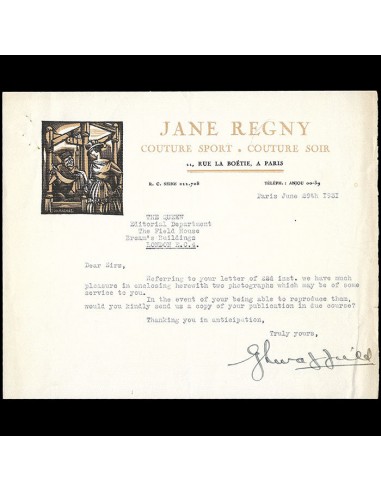 Jane Regny - Correspondance de la maison de couture (1931) en ligne des produits 