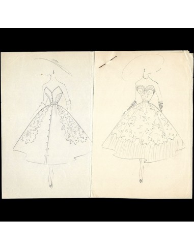 Balmain - Dessin de deux modèles de robes (1953) Fin de série