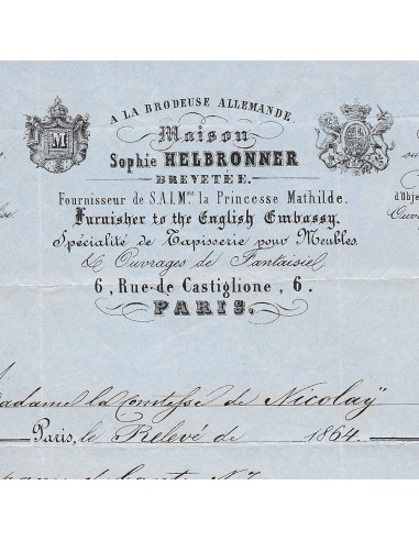 Sophie Helbronner - Facture de la maison de broderie et tapisserie, 6 rue Castiglione à Paris (1864) de France