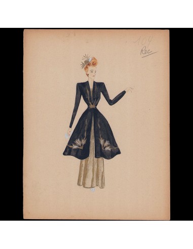 Croquis de mode - Manteau noir brodé or (1940s) en ligne