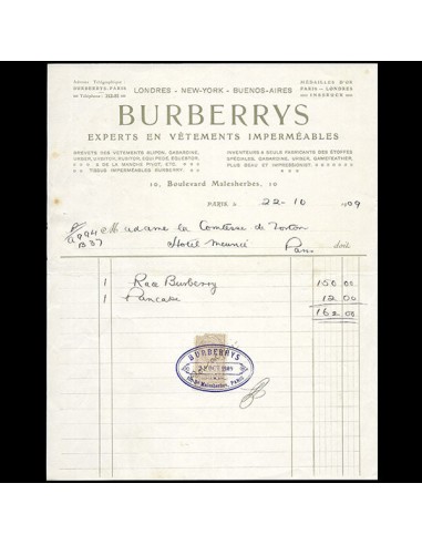 Burberrys - Facture de la maison experte en imperméables, 10 boulevard Malesherbes à Paris (1909) outlet