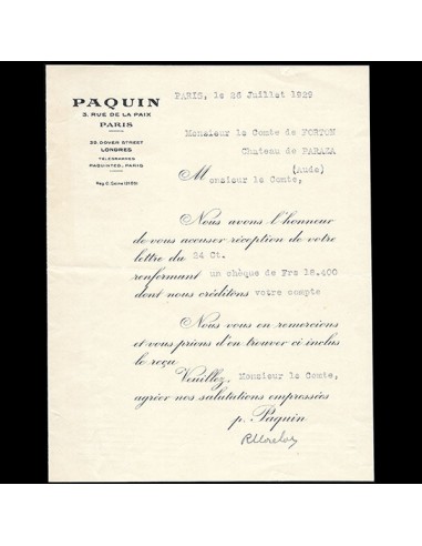 Paquin - Reçu de la maison de couture, 3 rue de la Paix (1929) En savoir plus