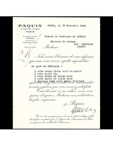 Paquin - Avis d'expédition de la maison de couture, 3 rue de la Paix (1928) Véritable concentré