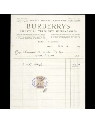 Burberrys - Facture de la maison experte en imperméables, 10 boulevard Malesherbes à Paris (1909) les ligaments